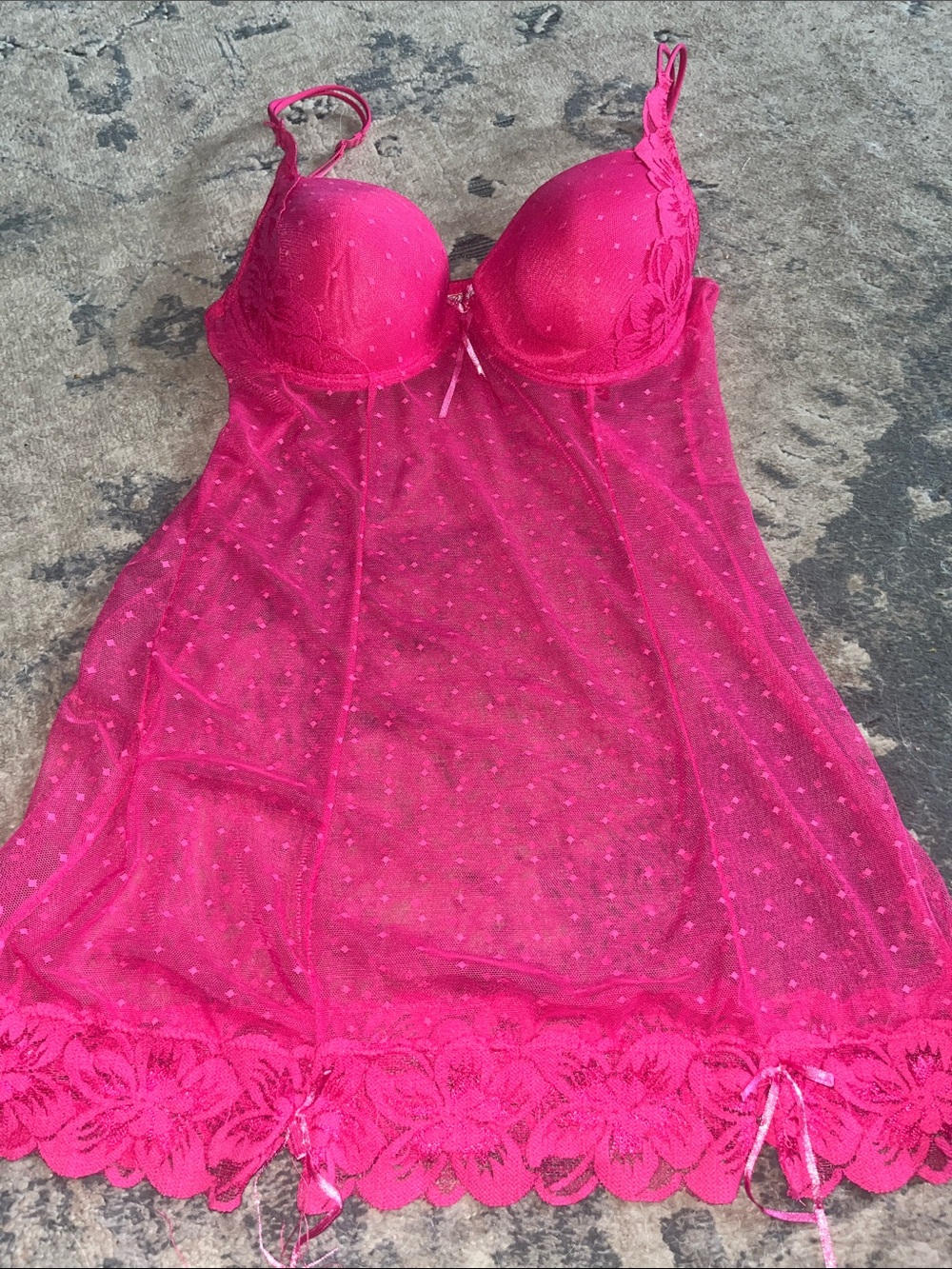 Sheer Hot Pink Lace Babydoll Chemise with Underwire Cups